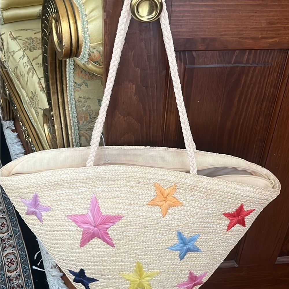 Embroidered Star Straw Tote Bag - Cream